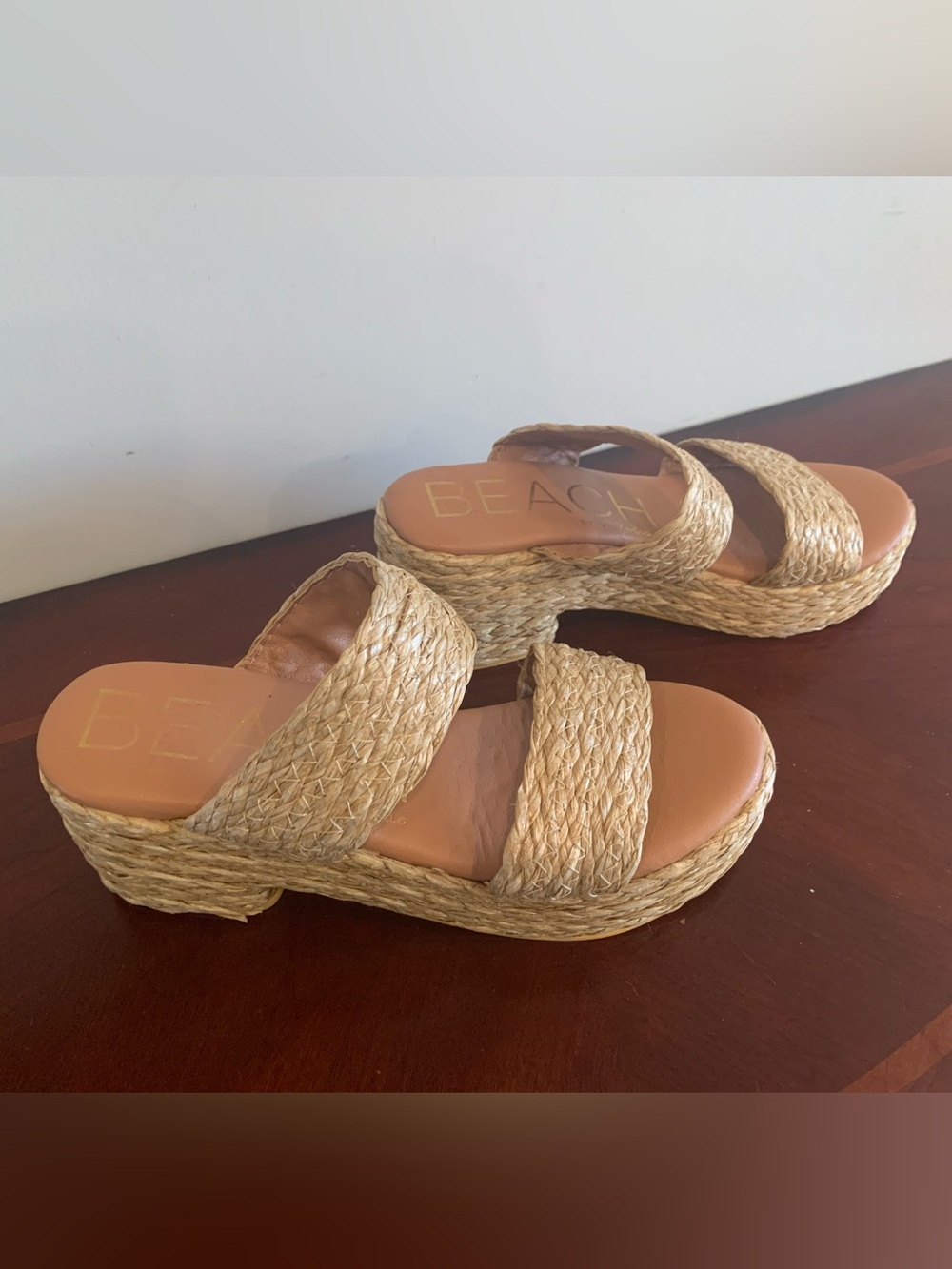Braided Straw Platform Slide Sandals in Natural